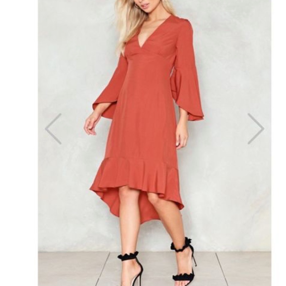 NWT RUFFLE HIGH-LOW RUFFLE DRESS IN RUST - Picture 8 of 8